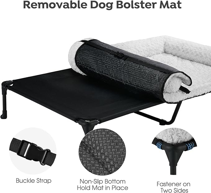 Veehoo Cooling Elevated Dog Bed Add Removable Deluxe Rose Plush Bolster Cushion Mat, 47" x 29" Washable Dog Couch Bed, Raised Pet Cot with Breathable Teslin Mesh, No-Slip Feet, Grey, CWC2439B