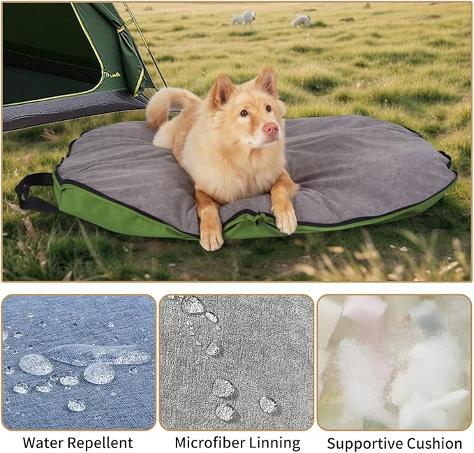 Portable Waterproof Dog Mat for Camping, Patio & Travel - Foldable Outdoor Dog Bed with Teflon Shell & Removable Plush Pad - Easy Clean, Durable - M (Denime Blue)