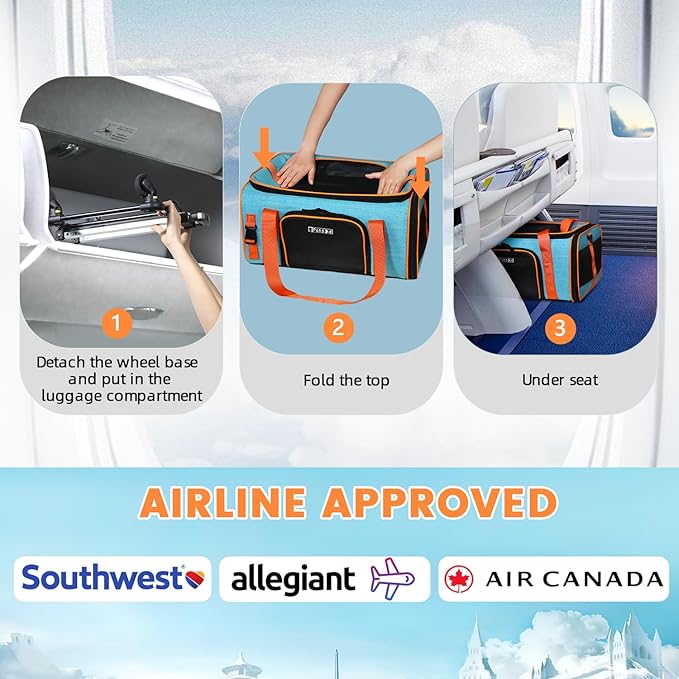 Petskd Top-Expandable Pet Carrier with Wheels 19x13x9 Inches Southwest Allegiant Airlines Approved, Soft-Sided Carrier for Small Dog Under 12 lbs and Large Cat Under 15 lbs(Blue)