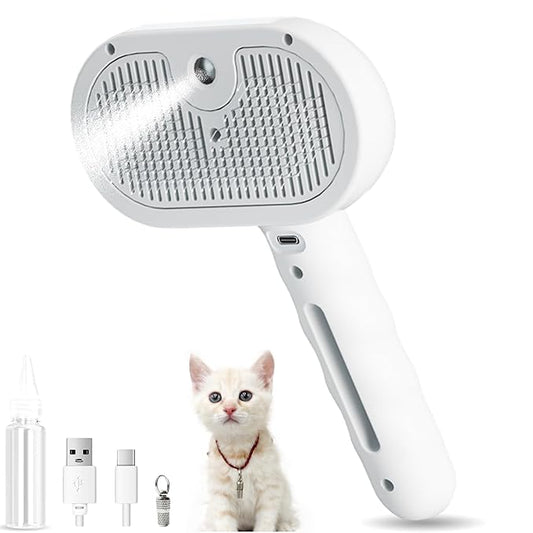 Cat Steam Hair Comb Brush for Shedding with Anti-Lost Pet Pendant, 3 In 1 USB Pet Spray Hair Removal Comb for Cat, Dogs Long Short Haired, White