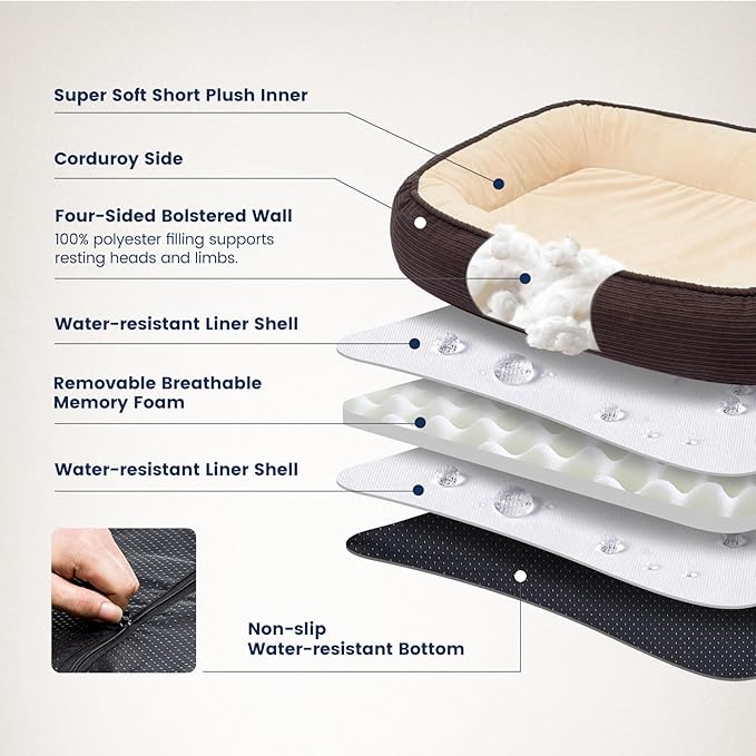 Orthopedic Dog Bed for Large Size Dog Washable Cover, Egg Crate Foam Cat Bed for Senior Cat,Oval Kennel Bed, Pet Couch Bed with Four Sided Bolster, Removable Washable Cover Non-Slip Bottom, Brown