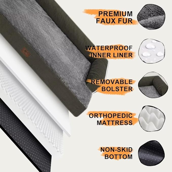 Large Dog Bed Orthopedic Washable - XXL Large Big Dogs - Waterproof with Removable Cover - Memory Foam - Beds Bolster Pet - Dogs Couch Sofa Bed - Dark Green Dog Beds