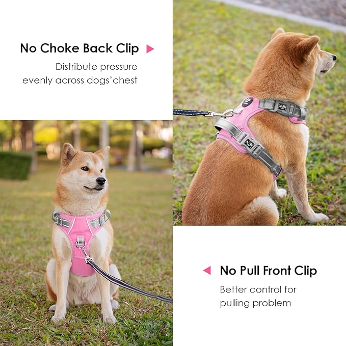 PHOEPET No Pull Dog Harness, Unique Colors Reflective Adjustable Dog Vest, with Soft Training Handle Metal Clips for Small Medium Large Dogs (Baby Pink Base & Grey Straps,S)