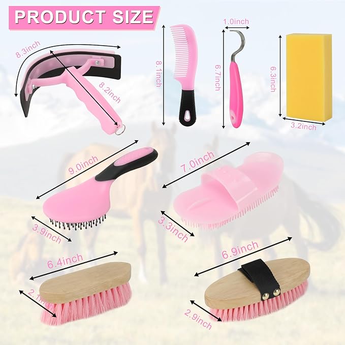 Horse Grooming Kits, 9 Pieces Pink, Includes Tote Bag, Bathing Supplies Sweat Scraper Bathing Sponge, Hoof Pick, Curry Comb for Horse Riders Beginners