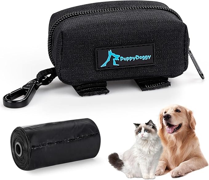 PuppyDoggy Dog Poop Bag Holder for Leash Black Waste Bag Dispenser with 1 Roll of Poop Bags for Leash Accessory Bicycle
