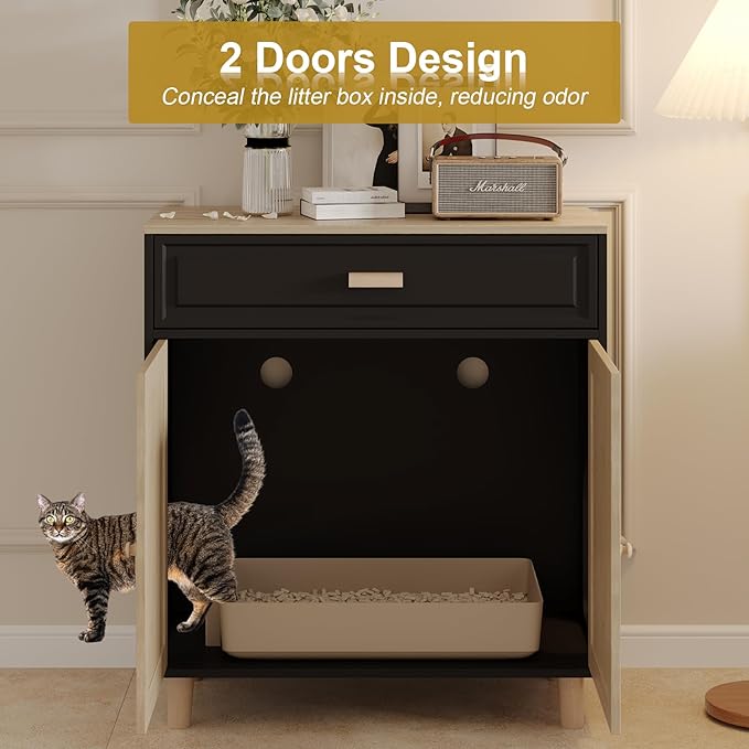 Cat Litter Box Enclosure Furniture Hidden Indoor 2-in-1 Wooden Cat House & Washroom Cabinet with Scratching Board Doors and Drawer, 31.5"x15.7"x34.6"H - Black