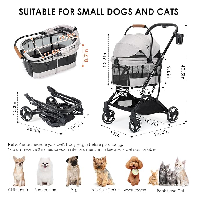 T3 3 in 1 Small Pet Stroller for Dogs & Cats, 4 Wheels for Dogs with Detachable Carrier with Pad, Canopy and Cup Holder, Grey
