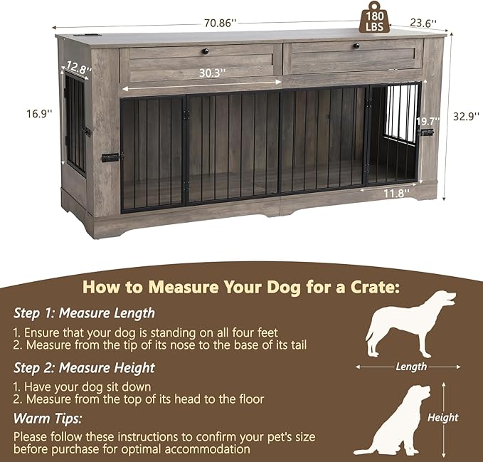 Large Dog Crate Furniture-Decorative Heavy Duty Dog Cage Indoor, Wooden Dog Cage End Table with Charging Station, Dog House with 2 Drawers (Gray, 70.86''L)