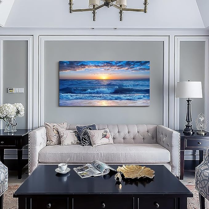 Lapremoly Canvas Wall Art For Living Room Large Wall Decor For Bedroom Office Wall Decorations Blue Ocean Beach Wall Painting Sunny Sea View Wave Wall Pictures Artwork Room Home Decor 20" X 40"