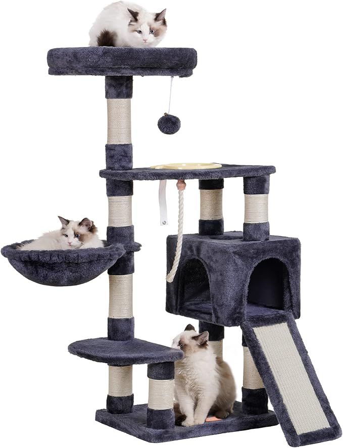 Heybly Cat Tree, Cat Tower for Indoor Cats with Scratching Board, Multi-Level Cat Furniture Condo with Feeding Bowl Smoky Gray HCT010SG