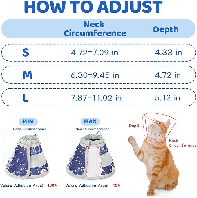 Breathable Air Mesh Cat Cone Collar Soft to Stop Licking, Adjustable, Foldable Lightweight Kitten Cones After Surgery Recovery for Cats & Kittens (Star Blue, M)