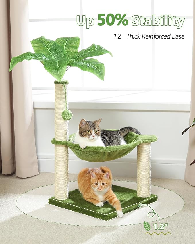 Small Cat Tree, 28" Cat Tower with Sisal Scratching Posts and Coconut Leaves for Indoor Small Cats, Large Hammock and Dangling Ball for Kittens, Green