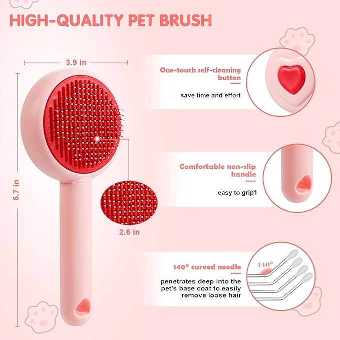 New cat brush&dog brush,pet hair brush with Self Cleaning Button Easy to remove loose undercoat，Needle-tip massage beads, no harm to the skin,Lovely Heart Series(Pink)
