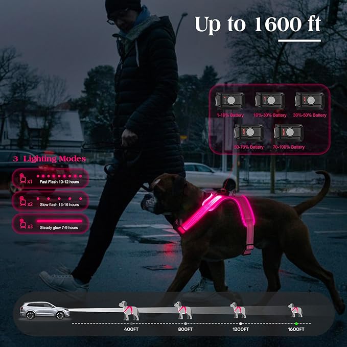 Light Up Dog Harness, Rechargeable Led Dog Harness with Battery Level Indicator, Adjustable Reflective Safety Vest for Night Walking, Soft Mesh Lighted Harness for Medium Large Dogs(5-90lbs)