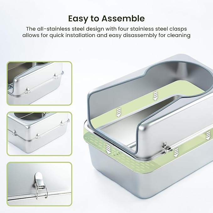 Cattasaurus 100% Stainless Steel Litter Box Enclosure for Large Cats 30+ lbs, Odor-Free & Easy to Clean, Multi Cat Litter Box with Cover, Long-Lasting XL Metal Litter Box with High Side, Scoop & Pedal