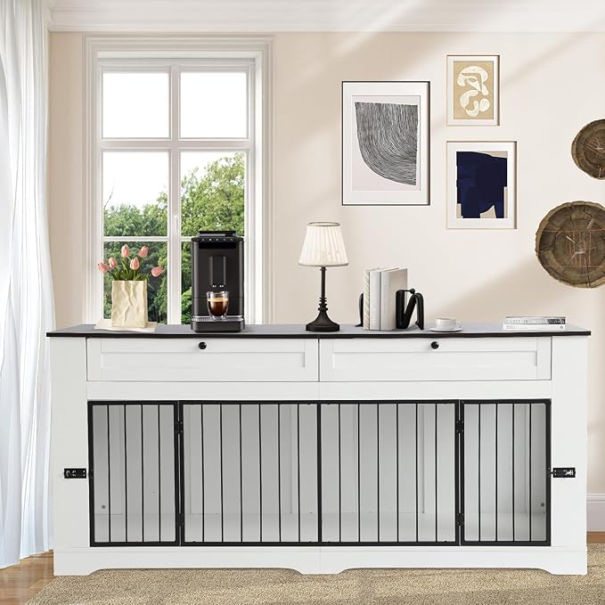 Large Dog Crate Furniture-Decorative Heavy Duty Dog Cage Indoor, Wooden Dog Cage End Table with Charging Station, Dog House with 2 Drawers (White, 70.86''L)