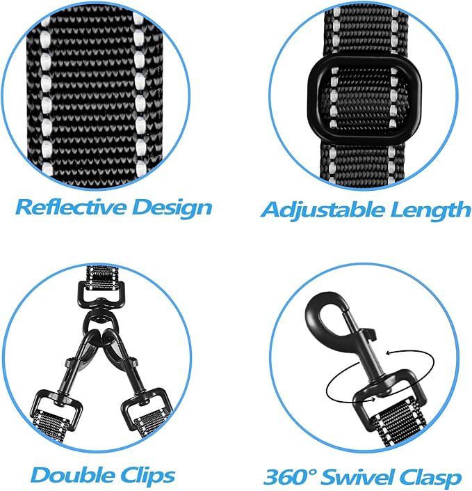 PetBonus Double Dog Leash, No Tangle Dual Leash, Reflective Walking Training Lead, 4 Comfortable Padded Handles for 2 Dogs with Collapsible Bowl and Waste Bags (Black, Large)