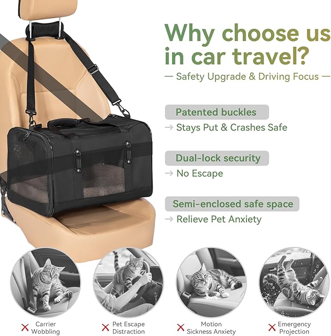 Petsfit 19x12x12 Pet Carrier for Large Cats (up to 20 lbs), Soft-Sided Small Dog Travel Carrier, Upgraded with Patented Buckle and Soft Padding, Ideal for Car Road Trips,Black