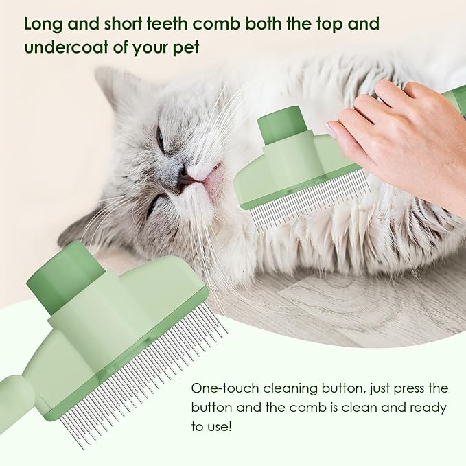 Flea Comb for Cat Hair Removal Comb, 2025 New Self-Cleaning Flea Brush for Cats and Dog, Comfort Cat Hair Removal Tool with Long & Short Stainless Steel Metal Grooming Brush(Green)