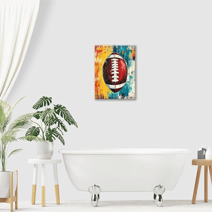 Graffiti Football Bathroom Pictures Wall Art, Rugby Sport Bathroom Wall Decor, Colorful Football Framed Painting Canvas Artwork for Bedroom Living Room Decorations 20"L x 16"W