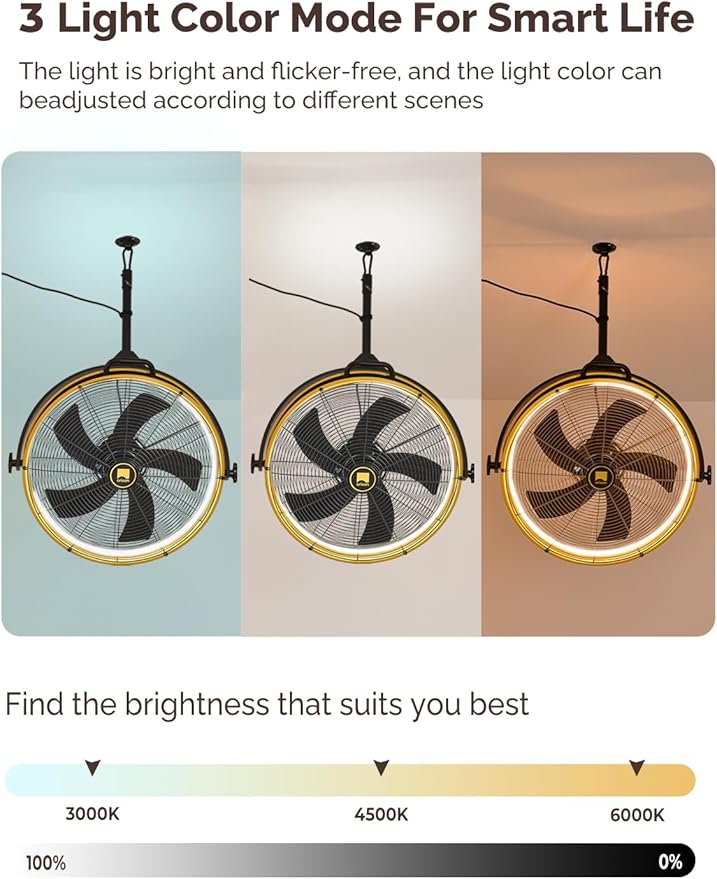 Orison 24.8'' Outdoor/Indoor Garage Ceiling Fan, 6 Speed Ceiling Mounted Plug-In Cord Garage Fan with Remote&APP, Manual Vertical Rotation, Hook hanging for Gazebo, Patio, Yellow&Black