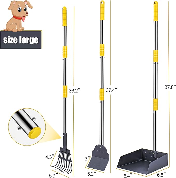 Niubya Pooper Scooper for Dogs, Metal Poop Scooper Tray Spade and Rake Set, Poop Scoop with Adjustable Long Handle, Dog Pooper Scooper for Pet Waste Removal