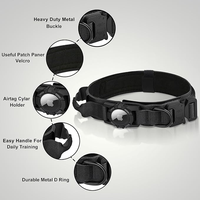 Tactical AirTag Dog Collar Leash Set - Heavy Duty, Adjustable GPS Collar Compatible with Apple AirTag, with Holder & Control Handle for Medium/Large Dogs [Black, XL]