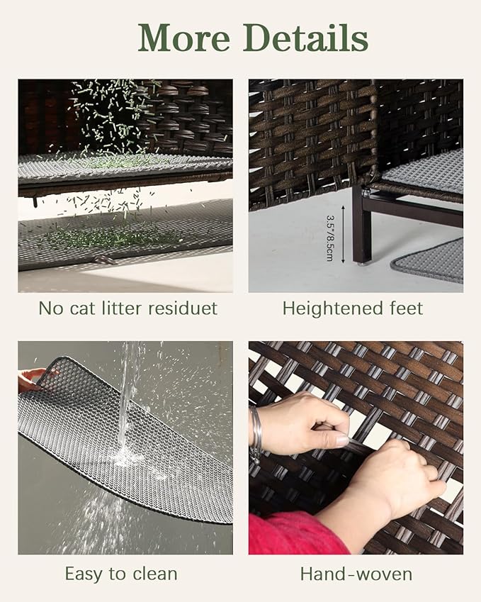 Cat Litter Box Enclosure Furniture with Divider, Handwoven Rattan Litter Box with Mat, 31.2 x 19.6 x 24.2 Inches, Metal Heightened Feet, Hidden Cat House for Living Room, Bedroom (Brown)