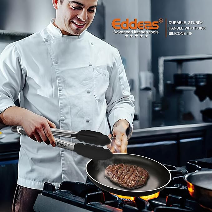 Kitchen Tongs with Silicone Tips, Tongs for Cooking Heat Resistant 600 Degrees Stainless Steel Locking Tong - 7" 9" & 12 inch Silicone Tong Non-Stick, Black Set of 3