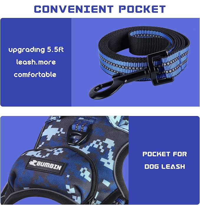 BUMBIN Dog Harness for Large Dogs, No Pull Adjustable No Choke Pet Vest with Dog Leash Fit Smart Reflective Pet Walking Harness for Training Easy Control Soft Handle Blue Camo M