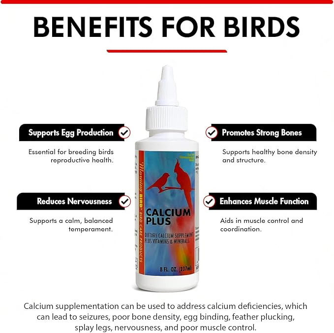 Morning Bird Calcium Plus Liquid Supplement for Birds - Liquid Calcium Formula with Magnesium and Vitamin D3 Calcium Supplement for All Birds – 8 Fl Oz