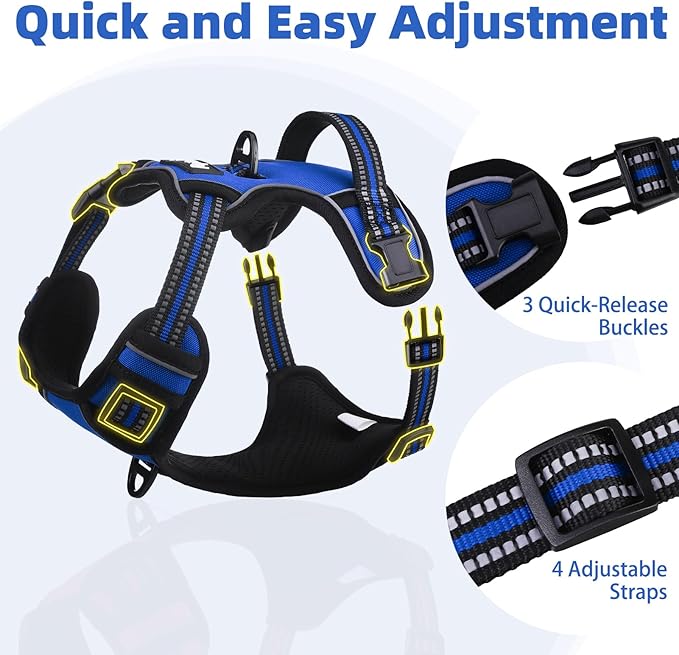 PUPTECK No Pull Dog Harness for Large, Adjustable Reflective Dog Harness with Handle Easy Control, Comfortable Soft Padded Pet Vest Harness for Extra Large Dogs, Blue XL