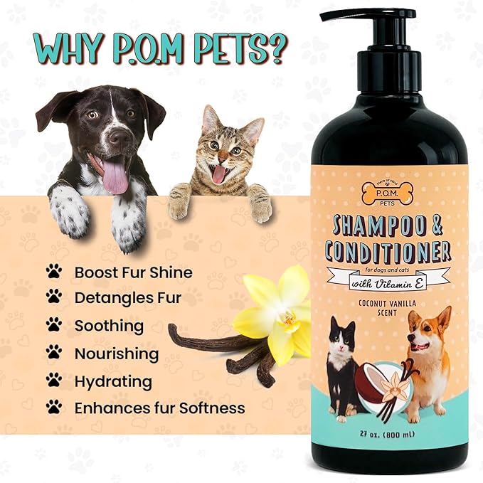 POM Pets 2-in-1 Organic Dog Shampoo & Conditioner – Itchy Skin Relief, Dog Deshedding, Detangles Fur, Cat Shampoo, Paw Cleaner for Dogs, Natural Coat Defense Formula