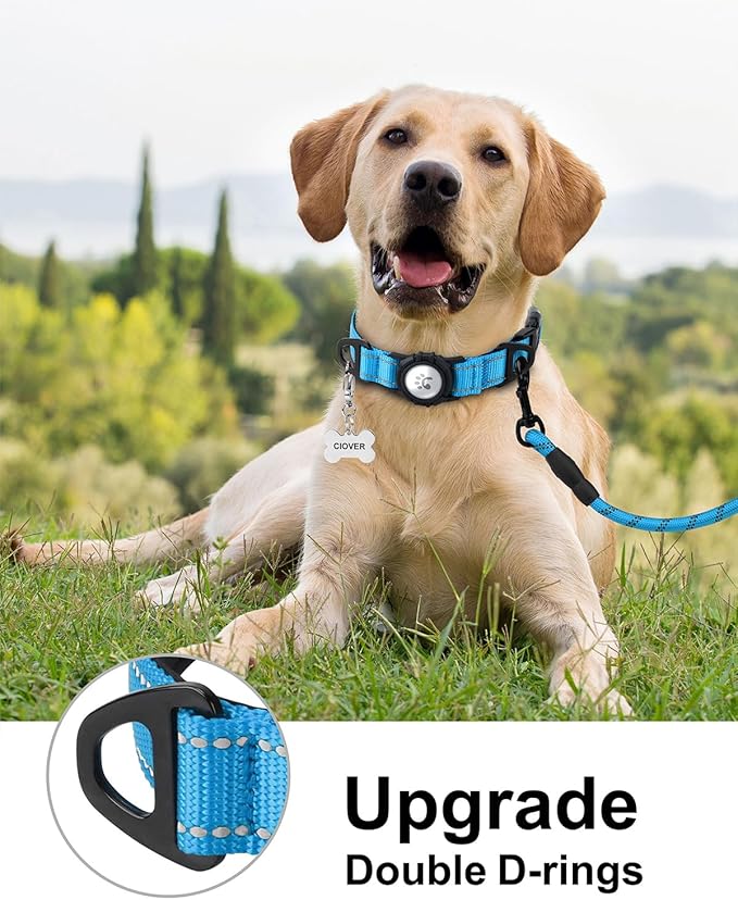 TagME Airtag Dog Collar,Waterproof Reflective Pet Collar with Airtag Holder,Soft Padded and Double D-Rings for Large Dogs,Light Blue