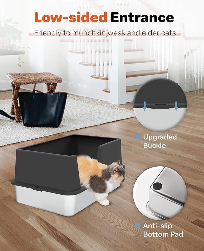 Stainless Steel Litter Box with Lid, 23.5" L x 15.8" W x 12.6" H, XL Metal Cat Box for Big Cats, High Sided Kitty Litter Box with Scoop & Pee Pads, Non-Sticky, Anti-Leakage, Easy to Clean (Black)