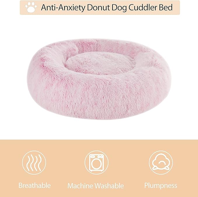 WNPETHOME Calming Dog Bed Cat Bed Donut, Faux Fur Pet Bed Self-Warming Donut Cuddler, Comfortable Round Plush Dog Beds (24 x 24 x 8 Inch, Light Pink)