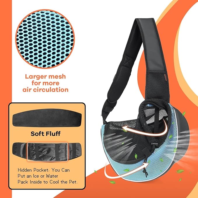 YUDODO Pet Sling Carrier for Small Dogs & Cats – Hands-Free Puppy Carrier with Safety Hook, Large Zipper Pocket, Soft Breathable Mesh, Adjustable Strap & Reflective Strip (Cyan 3.0 S)