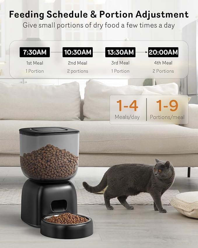 Automatic Cat Feeder, Cat Food Dispenser Battery-Operated with 180-Day Battery Life, Timed Pet Feeder for Cats and Dogs, Desiccant Bag, Programmable Portion Control, 4 Daily Meals, 10s Voice Recorder