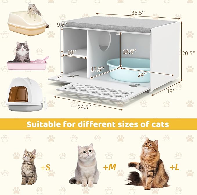 Tangkula Cat Litter Box Enclosure, Hidden Litter Box with Removable Cushion & Flip-Down Opening, Multifunctional Storage Cabinet Bench, Modern Litter Box Furniture Fits Most Litter Box (White)