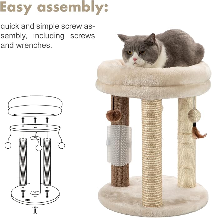 MECOOL 4in1 Small Cat Tree,Scratching Post with Tower Soft Bed, Sisal Carpet Jute Posts with Three Hanging Ball Toys and Massage Brush for Indoor Cats and Kittens