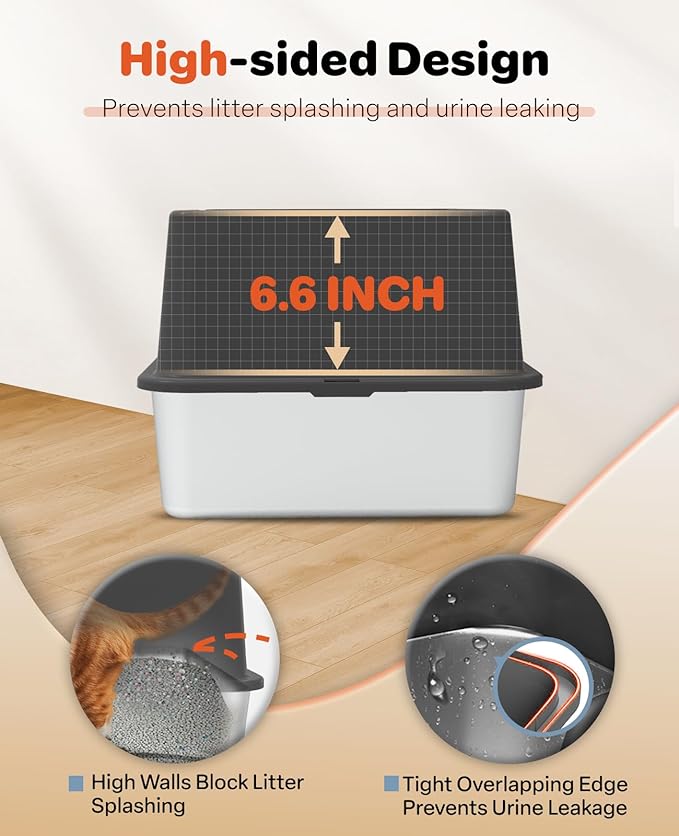 Stainless Steel Litter Box with Lid, 23.5" L x 15.8" W x 12.6" H, XL Metal Cat Box for Big Cats, High Sided Kitty Litter Box with Scoop & Pee Pads, Non-Sticky, Anti-Leakage, Easy to Clean (Black)
