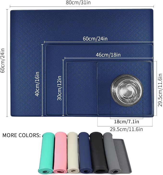 Ptlom Silicone Pet Placemat for Dog and Cat, Waterproof Non-Slip Pet Feeding Bowl Mats for Food and Water, Small Medium Large Tray Mat Prevent Residues from Spilling to Floor, Navy Blue, 24.5" 16.5"