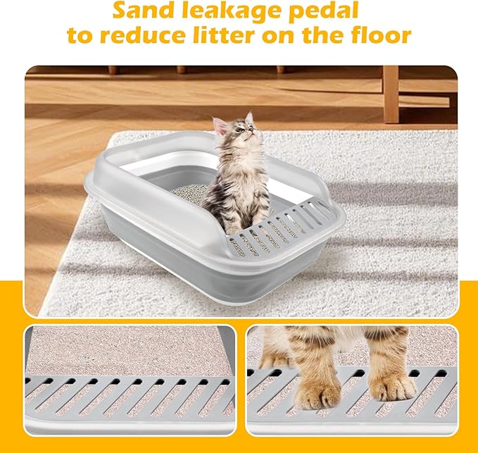 Open Cat Bedpan with Spoon,Shallow Splash Proof Travel Litter Box with Sand Drop Pedal High Side Low Entrance Cat Toilet Semi-Enclosed Adjustable for Kittens Elderly Cats Disabled Cats(Gray)