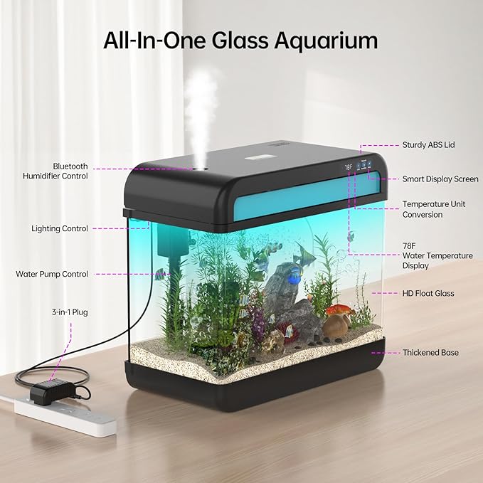 Fish Tank Aquarium 6.3 Gallon Fish Bowl with Music Humidifier 7 Color Auto-Looping Light Adjustable Quiet Pump, Temperature Display, Bottom Water Changer, HD Float Glass, Leak-Proof Thickened Base