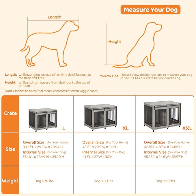 IchbinGo Large Dog Crate Furniture, 47" Wooden Dog Kennel with Sliding Barn Door, Flip-Top Lid & Wheels, Indoor Pet Crate Table with Detachable Divider for Small/Medium/Large Dogs (Rustic Grey)