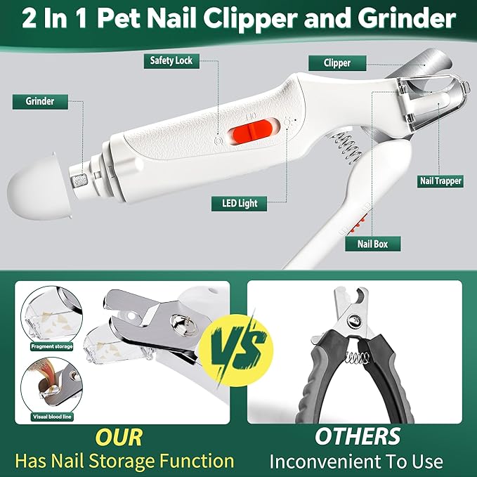 2 in 1 Dog Nail Clippers & Cat Nail Clippers Trimmers for Large Medium Small Dogs Cats Claw Trimmer Quick Sensor and Safety Guard USB Rechargeable Dogs Nail Trimmer with Catcher & 2 LED Lights