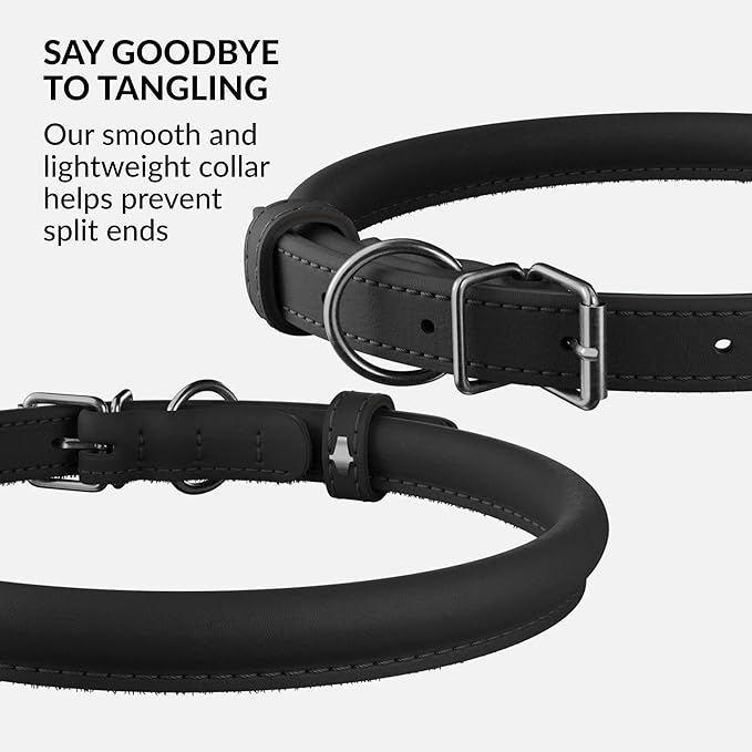CollarDirect Rolled Leather Dog Collar, Soft Padded Round Puppy Collar, Handmade Genuine Leather Collar Dog Small Large Cat Collars 13 Colors (18-22 Inch, Black Smooth)