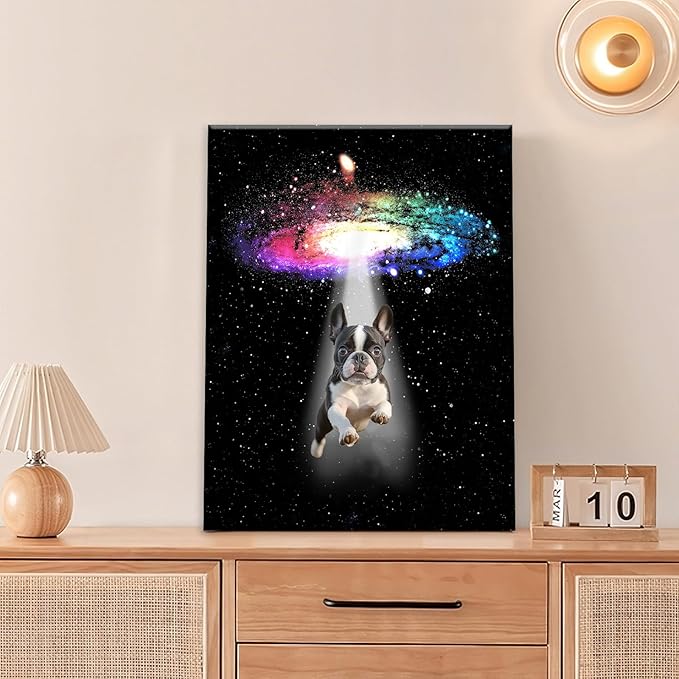 Funny Dog Wall Art Canvas Boston Terrier Wall Decor Prints Framed Painting Bulldog Galaxy Pictures Gifts Artwork for Bathroom 16"x20"