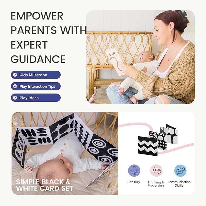 Tiny Land Montessori Baby Toy Set 0-3 Months Newborn Development Sensory Play Kit - 5-in-1 Mirror, Black & White Card Set, Rolling Bell, Play Mat, and Bed Wrap