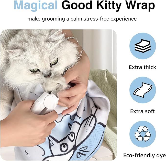 Cat Grooming Wrap: Premium Cat Wrap for Cutting Nails 2025 Thicker Upgraded, Self-Adherent Texture Hand Pocket Designed for Anti-Bite/Scratch, Eco-Friendly Dyed Funny Instruction & Pattern (Size L)